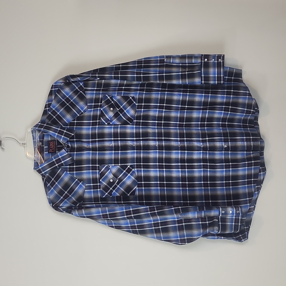 PLAINS WESTERN WEAR "BIG MAN" Black Blue Plaid Pearl Snap Button Down Shirt -3X